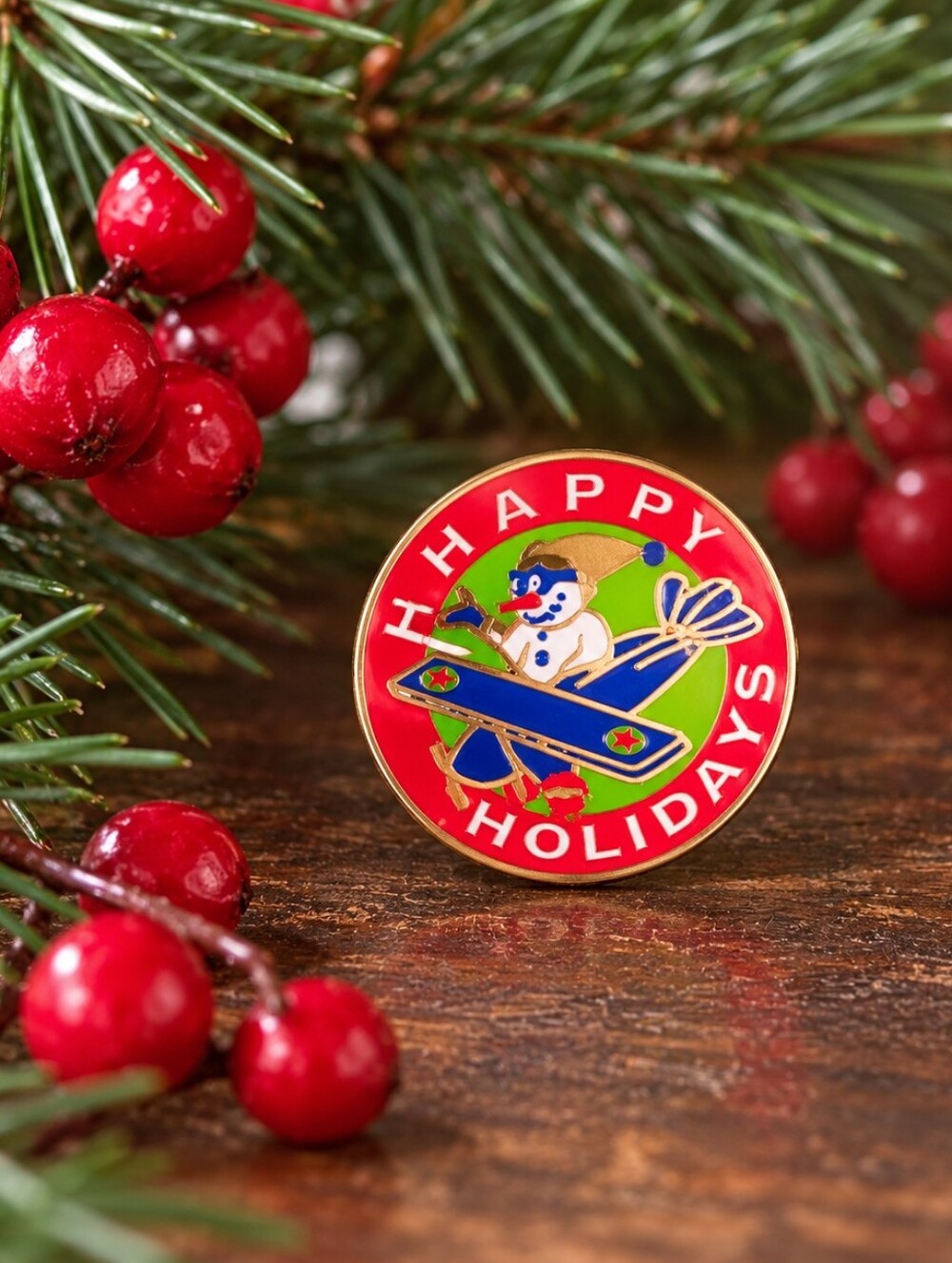 Vintage BIMCO Happy Holidays Airplane Pilot Enamel Pin UAW AFL-CIO Union Made